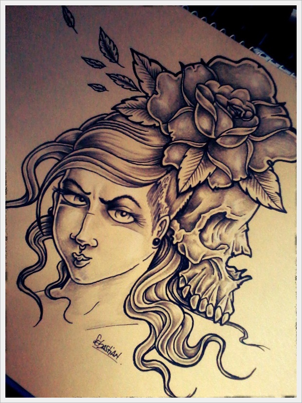 Skull and girl tattoo design