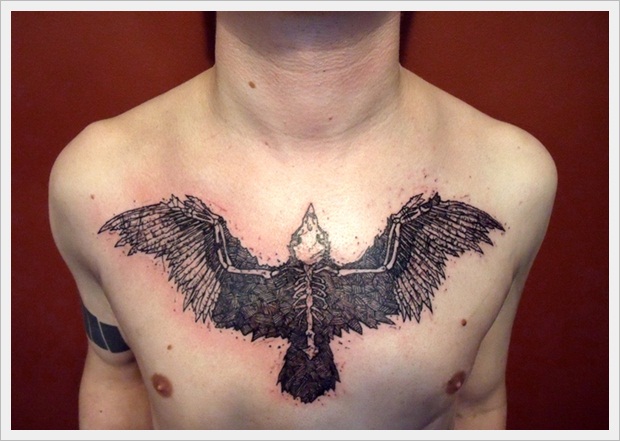 Skully Bird Chest Tattoo