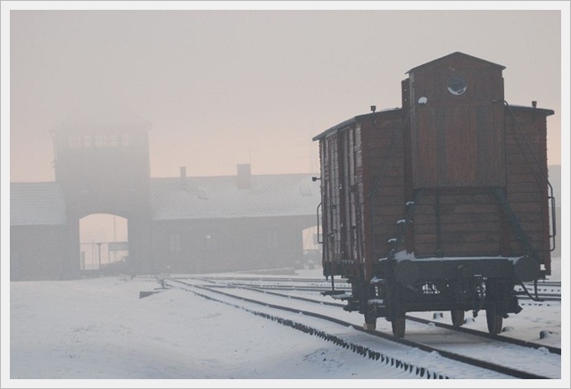 The main gate to Auschwitz II Birkenau camp built in 1944 called the Gate of Death